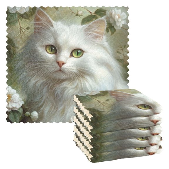 BZSMCE Dish Towels Reuseable Cleaning Cloths 6-pack In Serene White Cat Pattern