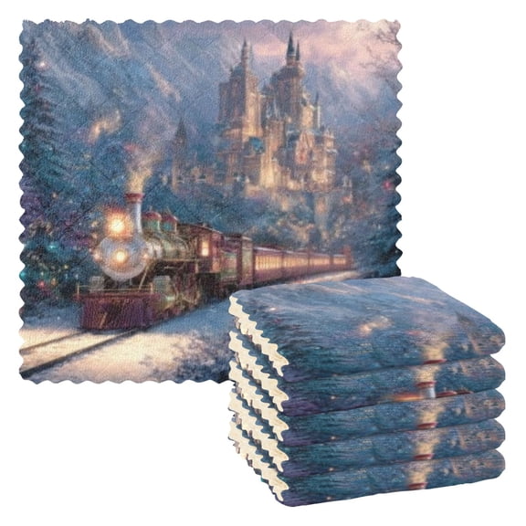 BZSMCE Dish Towels Reuseable Cleaning Cloths 6-pack In Snowy Castle Train Pattern