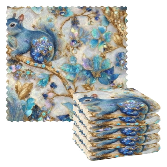 BZSMCE Dish Towels Reuseable Cleaning Cloths 6-pack In Sparkle Blue Squirrel Pattern