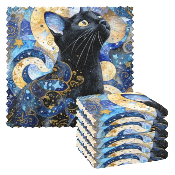 BZSMCE Dish Towels Reuseable Cleaning Cloths 6-pack In Starry-eyed Feline in A Cosmic Mosaic Pattern