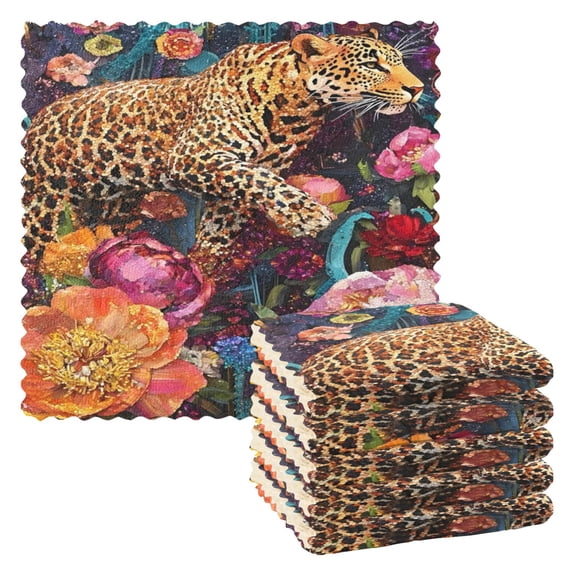 BZSMCE Dish Towels Reuseable Cleaning Cloths 6-pack In Tangerine Floral Panther Pattern