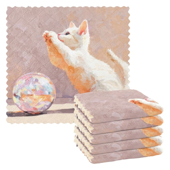 BZSMCE Dish Towels Reuseable Cleaning Cloths 6-pack In White Kitten & Orb Pattern