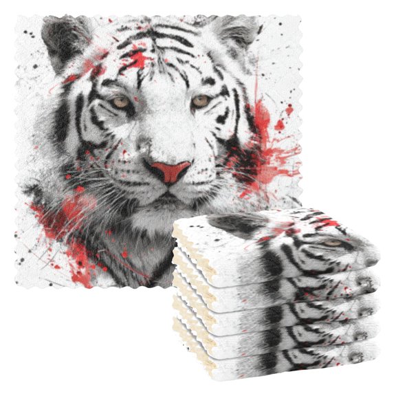 BZSMCE Dish Towels Reuseable Cleaning Cloths 6-pack In White Tiger Pattern