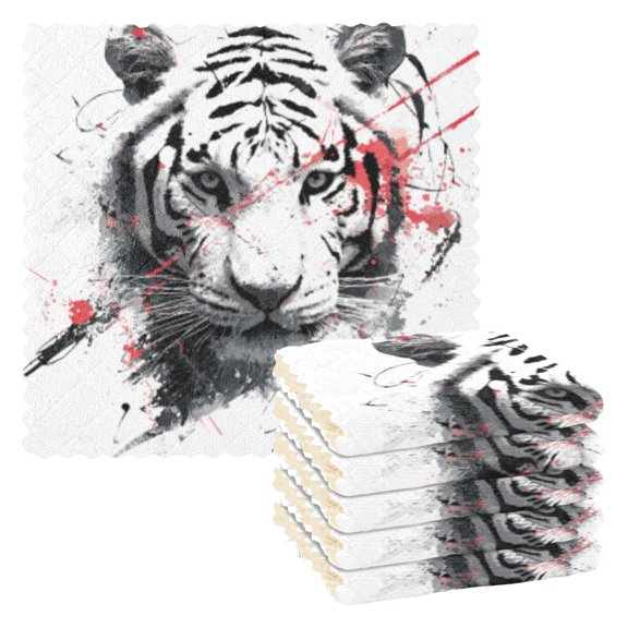 BZSMCE Dish Towels Reuseable Cleaning Cloths 6-pack In White Tiger Pattern