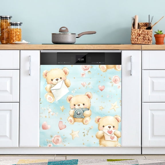 BZSMCE Dishwasher Magnet Cover Magnetic Sticker Creatively Bears with Love Letters Printed 23"x26"