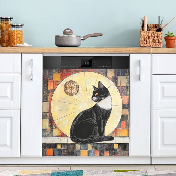 BZSMCE Dishwasher Magnet Cover Magnetic Sticker Creatively Mystical Black Cat at Dawn Printed 23"x26"