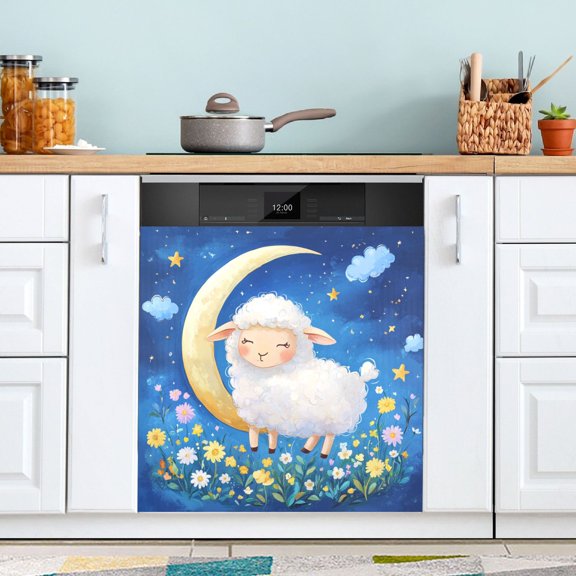 BZSMCE Dishwasher Magnet Cover Magnetic Sticker Creatively Sheep on A Crescent Moon Printed 23"x26"