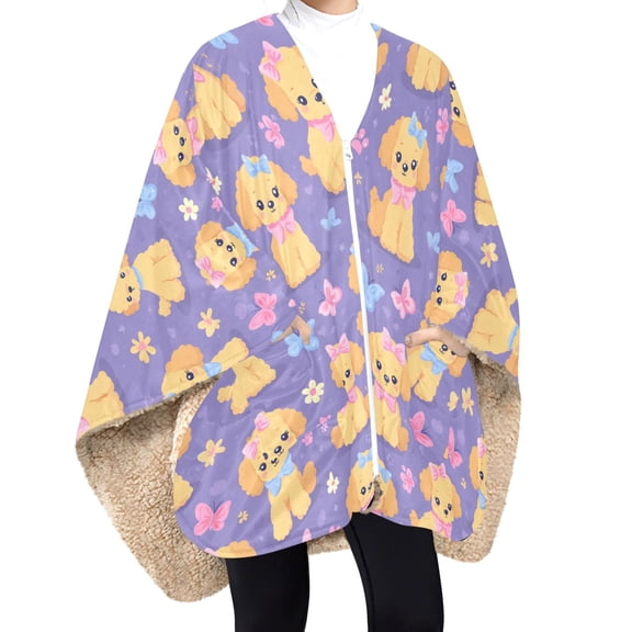 BZSMCE Dog Butterfly Pattern Panda and White Cloud Pattern Print Wearable Blanket Poncho DoubleLayer Fleece Sherpa Wrap Blanket With Zipper & Pockets Cozy Sleeveless Warm Throw Blanket