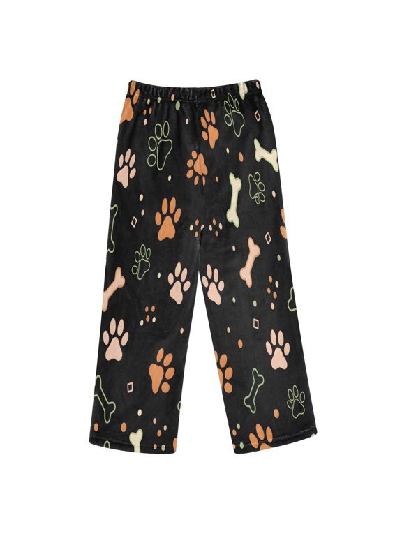 BZSMCE Dog Footprint Bone Printed Loose Fit Flannel Pajama Pants Soft Plush Elastic Waist Loungewear Bottoms with Side Pockets for Indoor Home Wear
