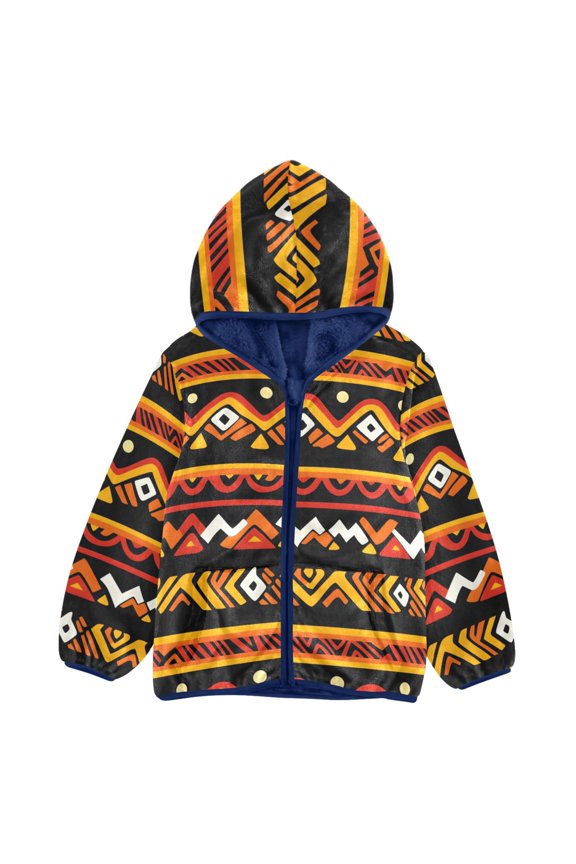 BZSMCE Double-Sided Sherpa Fleece Hooded Zipper Jacket African Abstract Geometry Pattern Pattern Batik Dye Method Print Warm Outerwear