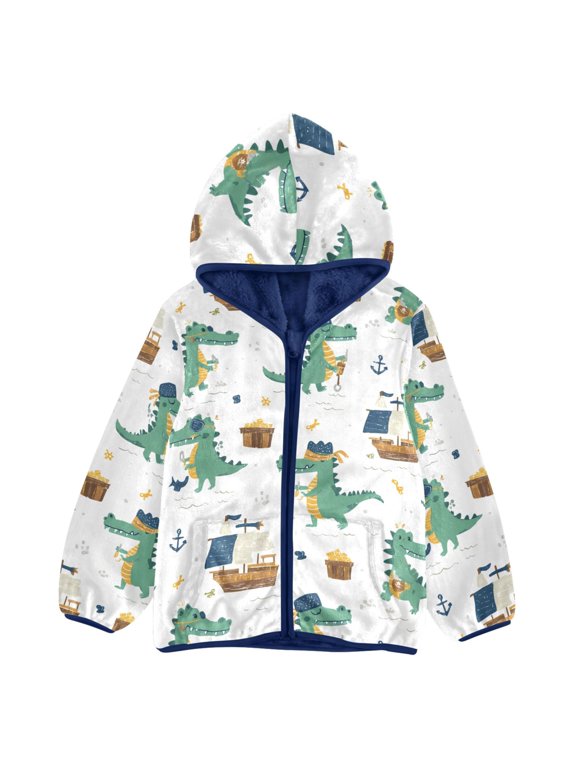 BZSMCE Double-Sided Sherpa Fleece Hooded Zipper Jacket Alligator Boat Pattern Pattern Batik Dye Method Print Warm Outerwear
