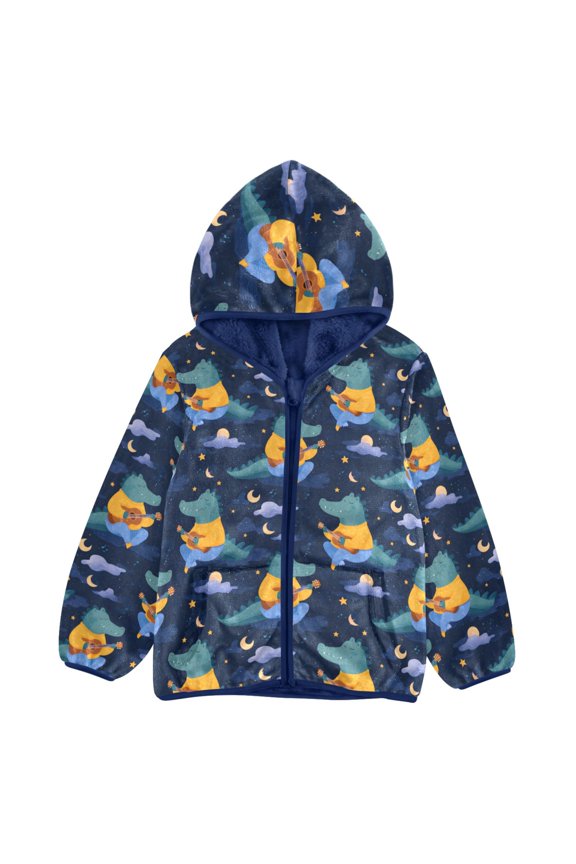 BZSMCE Double-Sided Sherpa Fleece Hooded Zipper Jacket Alligator Playing Guitar Pattern Pattern Batik Dye Method Print Warm Outerwear