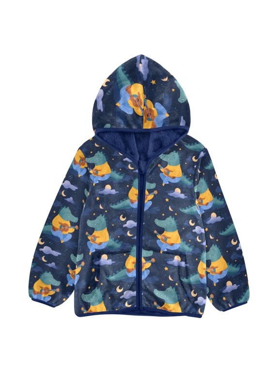 BZSMCE Double-Sided Sherpa Fleece Hooded Zipper Jacket Alligator Playing Guitar Pattern Pattern Batik Dye Method Print Warm Outerwear