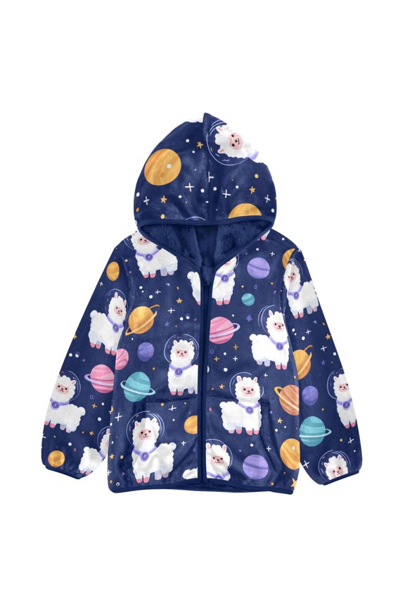 BZSMCE Double-Sided Sherpa Fleece Hooded Zipper Jacket Alpaca Planet Pattern Pattern Batik Dye Method Print Warm Outerwear