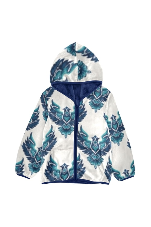 BZSMCE Double-Sided Sherpa Fleece Hooded Zipper Jacket An Eagle Mascot Wit Pattern Pattern Batik Dye Method Print Warm Outerwear