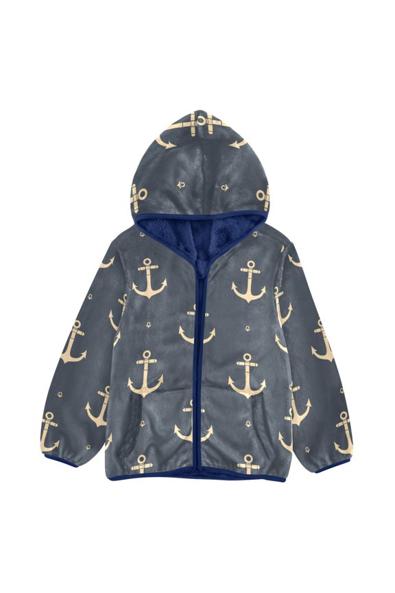 BZSMCE Double-Sided Sherpa Fleece Hooded Zipper Jacket Anchor Pattern Pattern Batik Dye Method Print Warm Outerwear