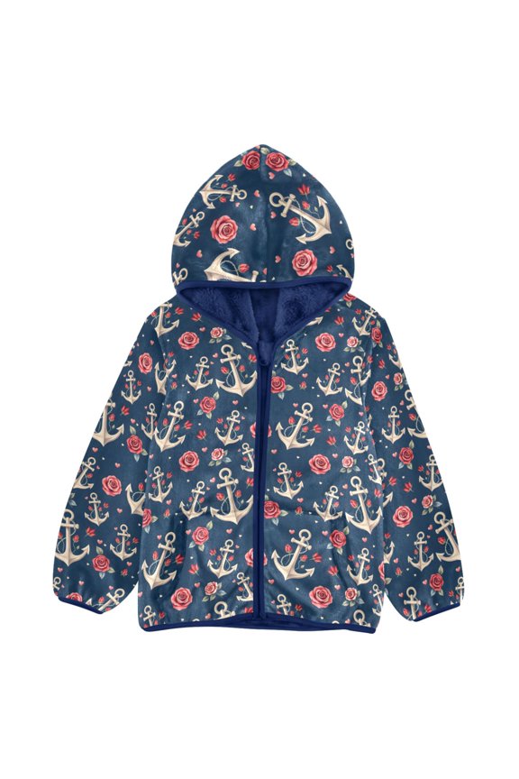 BZSMCE Double-Sided Sherpa Fleece Hooded Zipper Jacket Anchor Rose Heart Pattern Pattern Batik Dye Method Print Warm Outerwear