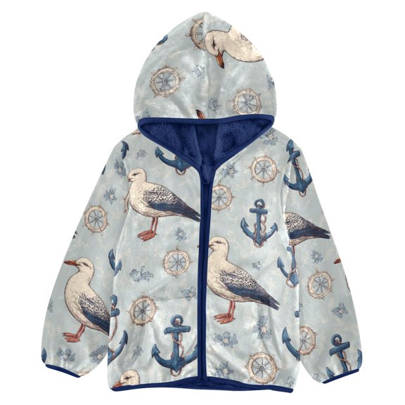 BZSMCE Double-Sided Sherpa Fleece Hooded Zipper Jacket Anchor Steering Wheel Seagull Pattern Pattern Batik Dye Method Print Warm Outerwear