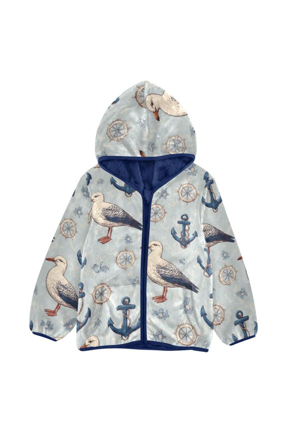 BZSMCE Double-Sided Sherpa Fleece Hooded Zipper Jacket Anchor Steering Wheel Seagull Pattern Pattern Batik Dye Method Print Warm Outerwear