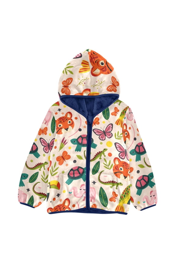 BZSMCE Double-Sided Sherpa Fleece Hooded Zipper Jacket Animal Tigers Butterfly Tortoise Pattern Pattern Batik Dye Method Print Warm Outerwear