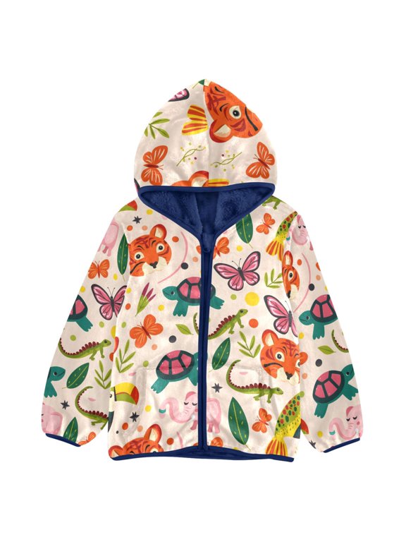 BZSMCE Double-Sided Sherpa Fleece Hooded Zipper Jacket Animal Tigers Butterfly Tortoise Pattern Pattern Batik Dye Method Print Warm Outerwear