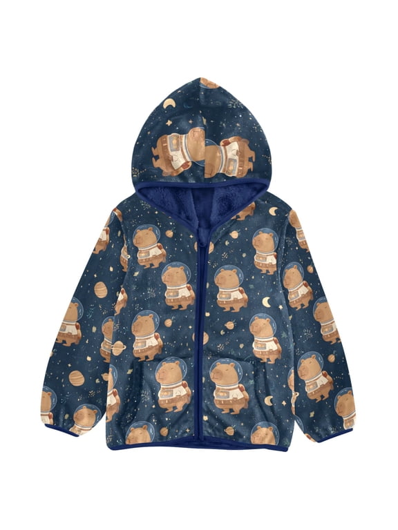 BZSMCE Double-Sided Sherpa Fleece Hooded Zipper Jacket Astronaut Capybara Pattern Batik Dye Method Print Warm Outerwear
