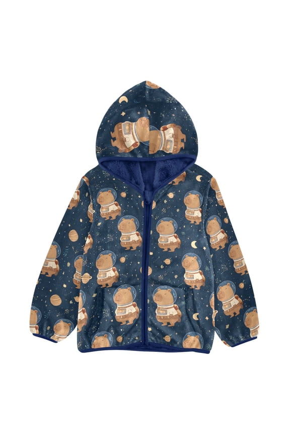 BZSMCE Double-Sided Sherpa Fleece Hooded Zipper Jacket Astronaut Capybara Pattern Batik Dye Method Print Warm Outerwear