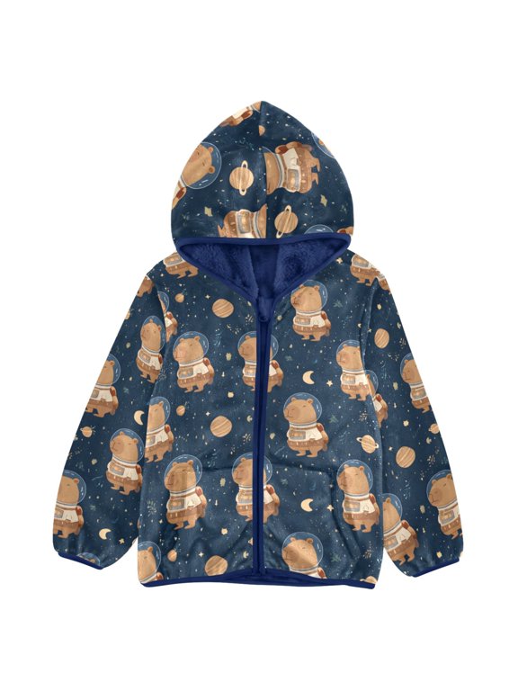 BZSMCE Double-Sided Sherpa Fleece Hooded Zipper Jacket Astronaut Capybara Pattern Batik Dye Method Print Warm Outerwear