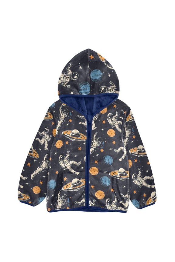 BZSMCE Double-Sided Sherpa Fleece Hooded Zipper Jacket Astronaut Spacecraft Pattern Pattern Batik Dye Method Print Warm Outerwear
