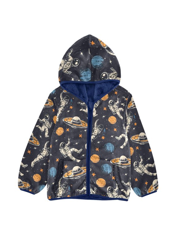 BZSMCE Double-Sided Sherpa Fleece Hooded Zipper Jacket Astronaut Spacecraft Pattern Pattern Batik Dye Method Print Warm Outerwear
