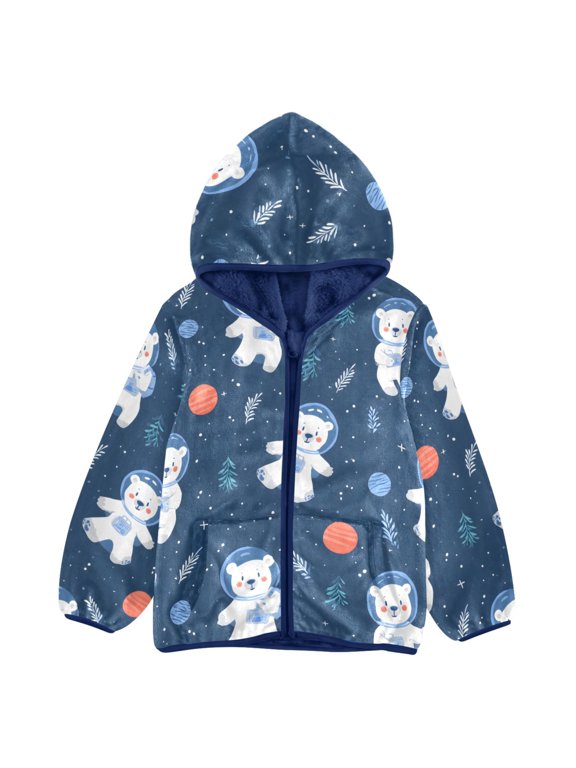 BZSMCE Double-Sided Sherpa Fleece Hooded Zipper Jacket Astronaut White Bear Grass Pattern Pattern Batik Dye Method Print Warm Outerwear