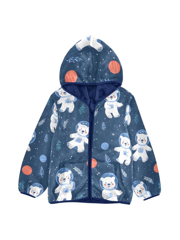 BZSMCE Double-Sided Sherpa Fleece Hooded Zipper Jacket Astronaut White Bear Grass Pattern Pattern Batik Dye Method Print Warm Outerwear