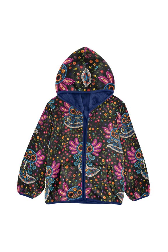 BZSMCE Double-Sided Sherpa Fleece Hooded Zipper Jacket Axolotl Colorful Flowers Pattern Pattern Batik Dye Method Print Warm Outerwear