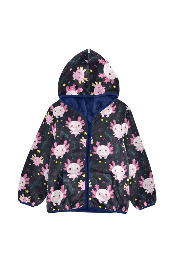 BZSMCE Double-Sided Sherpa Fleece Hooded Zipper Jacket Axolotl Leaf Pattern Pattern Batik Dye Method Print Warm Outerwear