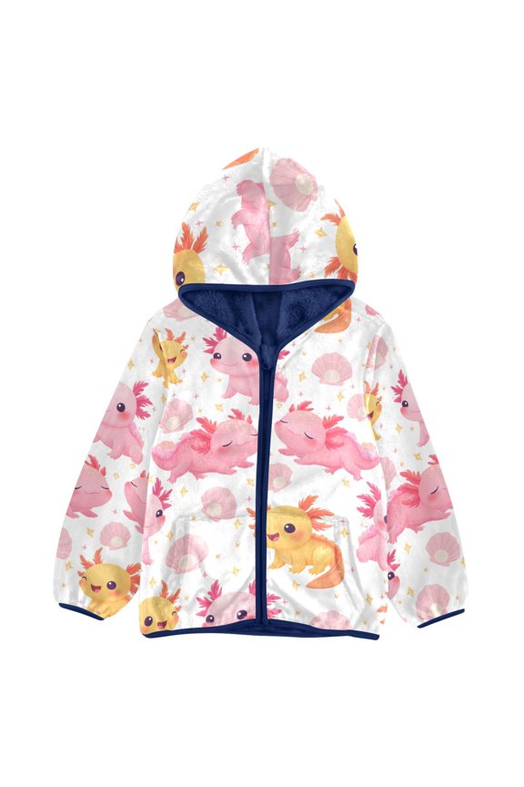 BZSMCE Double-Sided Sherpa Fleece Hooded Zipper Jacket Axolotl Shell Pattern Pattern Batik Dye Method Print Warm Outerwear