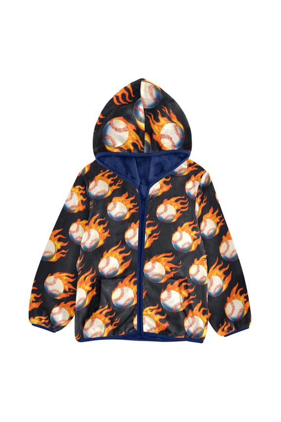 BZSMCE Double-Sided Sherpa Fleece Hooded Zipper Jacket Baseball Flames Pattern Pattern Batik Dye Method Print Warm Outerwear