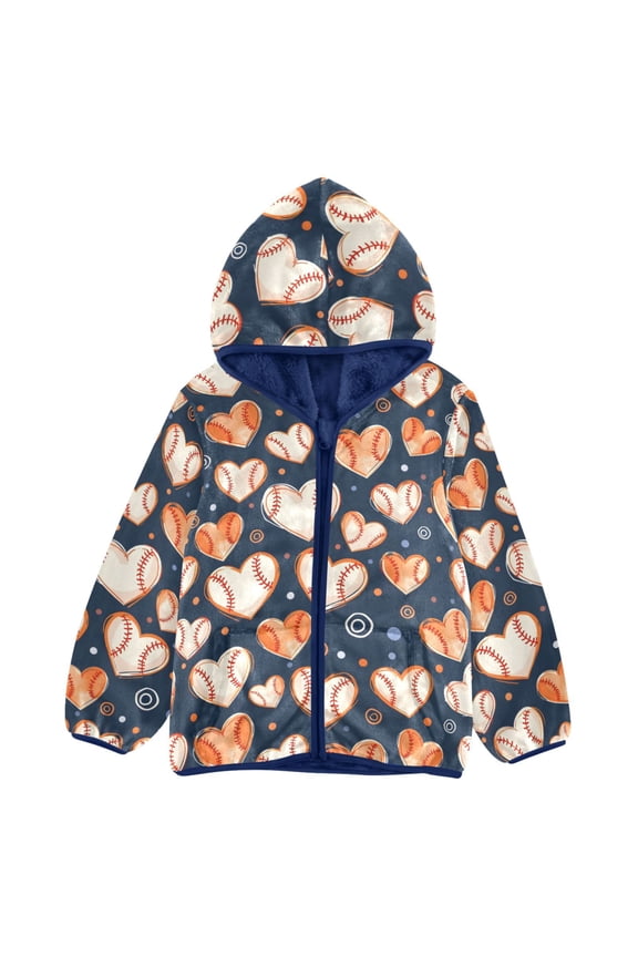 BZSMCE Double-Sided Sherpa Fleece Hooded Zipper Jacket Baseball Heart Pattern Pattern Batik Dye Method Print Warm Outerwear