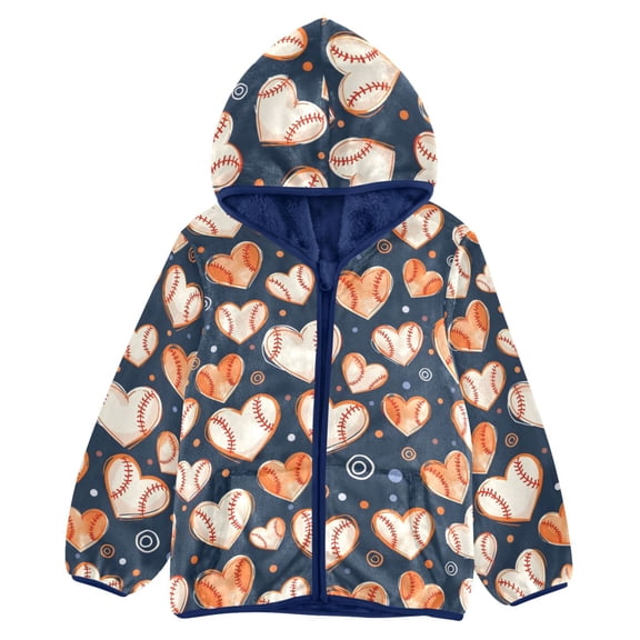 BZSMCE Double-Sided Sherpa Fleece Hooded Zipper Jacket Baseball Heart Pattern Pattern Batik Dye Method Print Warm Outerwear