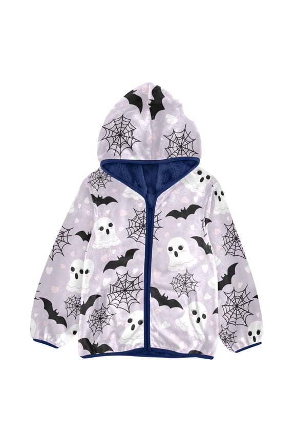 BZSMCE Double-Sided Sherpa Fleece Hooded Zipper Jacket Bat Spider Web Ghost Heart Pattern Pattern Batik Dye Method Print Warm Outerwear