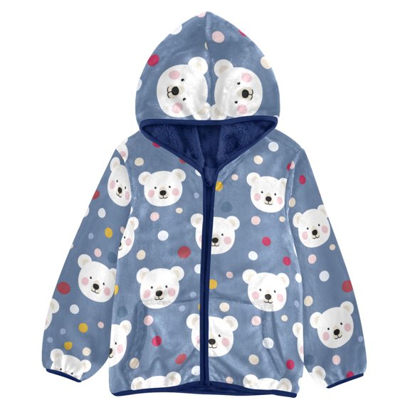 BZSMCE Double-Sided Sherpa Fleece Hooded Zipper Jacket Bear Dot Pattern Pattern Batik Dye Method Print Warm Outerwear