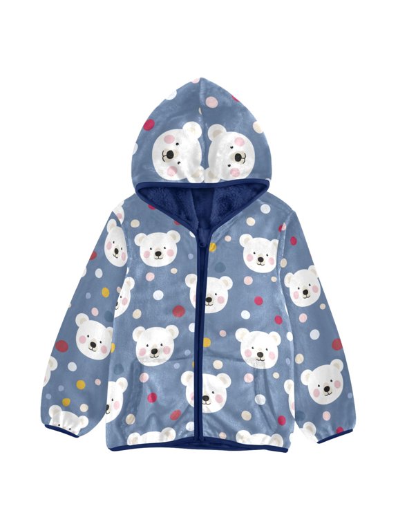 BZSMCE Double-Sided Sherpa Fleece Hooded Zipper Jacket Bear Dot Pattern Pattern Batik Dye Method Print Warm Outerwear