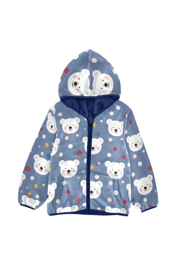 BZSMCE Double-Sided Sherpa Fleece Hooded Zipper Jacket Bear Dot Pattern Pattern Batik Dye Method Print Warm Outerwear