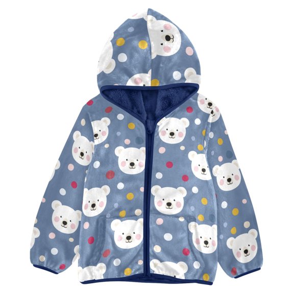 BZSMCE Double-Sided Sherpa Fleece Hooded Zipper Jacket Bear Dot Pattern Pattern Batik Dye Method Print Warm Outerwear