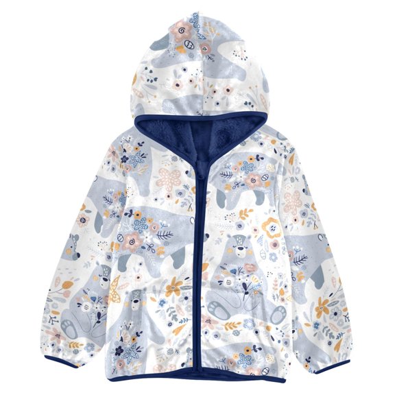 BZSMCE Double-Sided Sherpa Fleece Hooded Zipper Jacket Bear Flower Pattern Pattern Batik Dye Method Print Warm Outerwear
