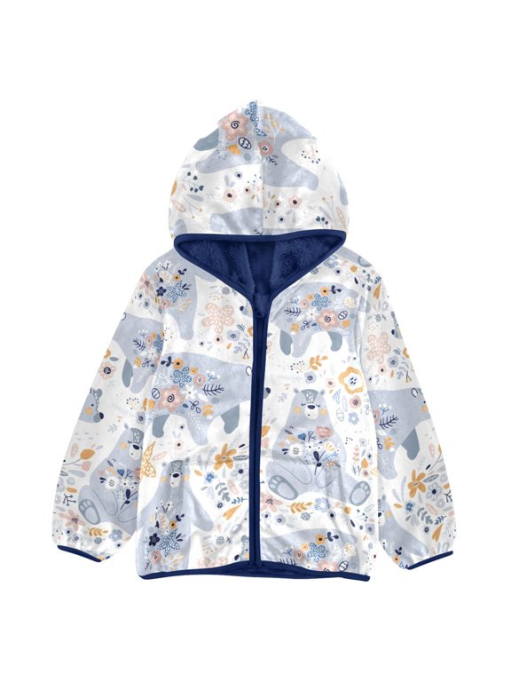 BZSMCE Double-Sided Sherpa Fleece Hooded Zipper Jacket Bear Flower Pattern Pattern Batik Dye Method Print Warm Outerwear