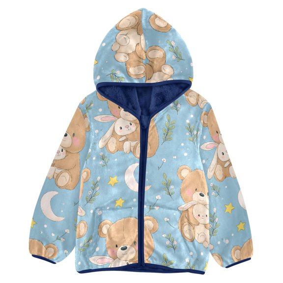 BZSMCE Double-Sided Sherpa Fleece Hooded Zipper Jacket Bear Holding Rabbit Pattern Pattern Batik Dye Method Print Warm Outerwear