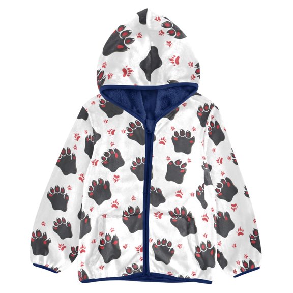BZSMCE Double-Sided Sherpa Fleece Hooded Zipper Jacket Bear Paw Pattern Pattern Batik Dye Method Print Warm Outerwear