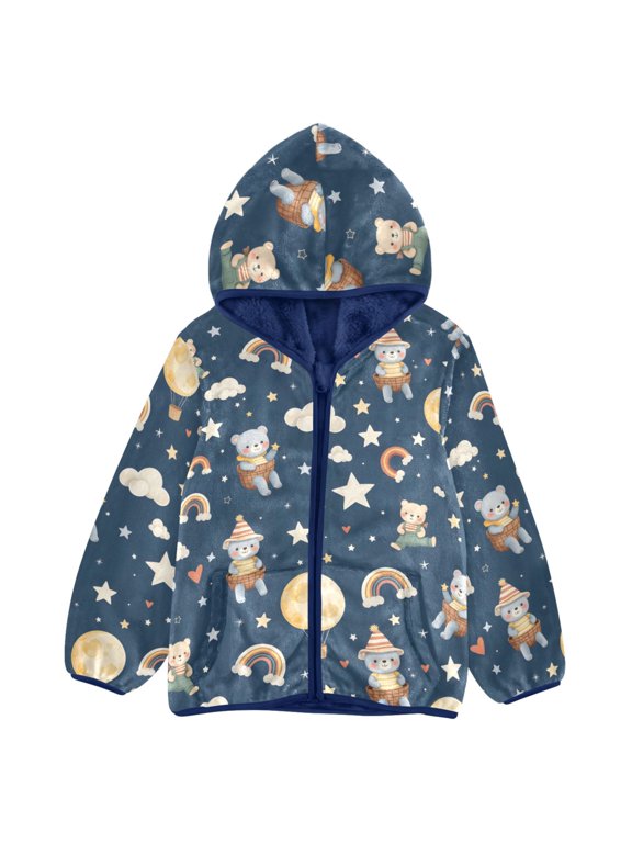 BZSMCE Double-Sided Sherpa Fleece Hooded Zipper Jacket Bear Rainbow Clouds Hot Air Balloon Pattern Pattern Batik Dye Method Print Warm Outerwear