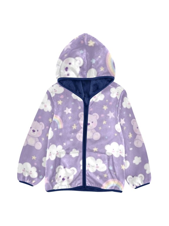 BZSMCE Double-Sided Sherpa Fleece Hooded Zipper Jacket Bear Rainbow Clouds Pattern Pattern Batik Dye Method Print Warm Outerwear