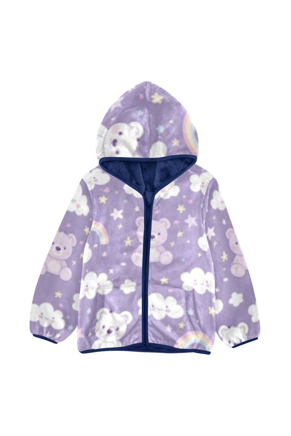 BZSMCE Double-Sided Sherpa Fleece Hooded Zipper Jacket Bear Rainbow Clouds Pattern Pattern Batik Dye Method Print Warm Outerwear